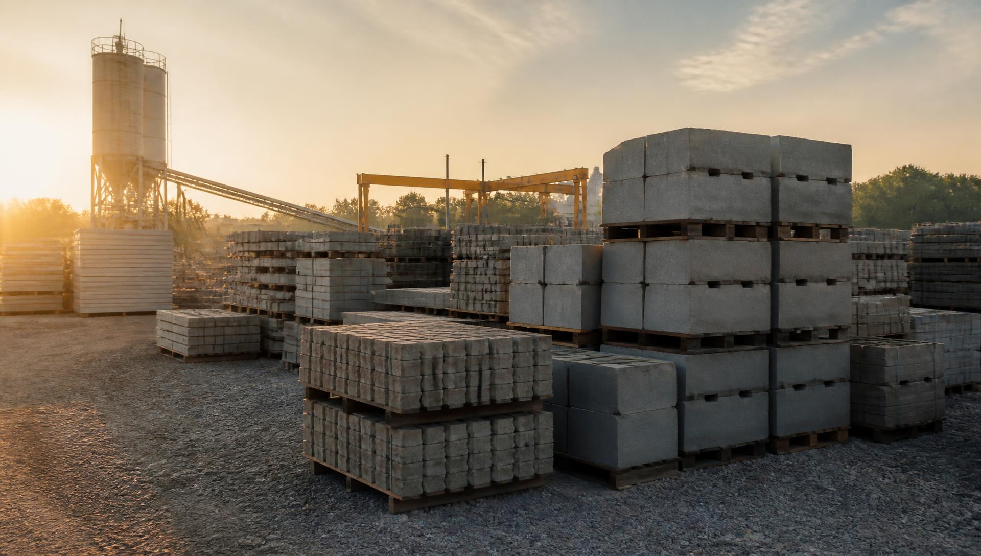 Pátio da fábrica com blocos e pavers de concreto empilhados